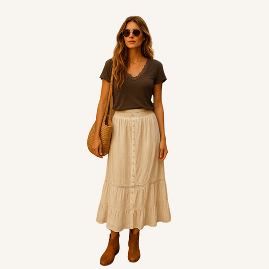Lina – Boho-Knopfrock in Creme